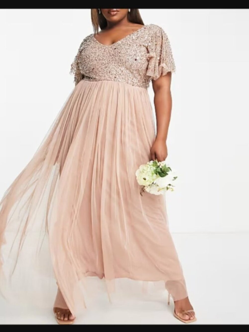 Maya Deluxe Maxi Dress V Neck Blush Taupe Sequin Embellished Bodice Tulle Skirt